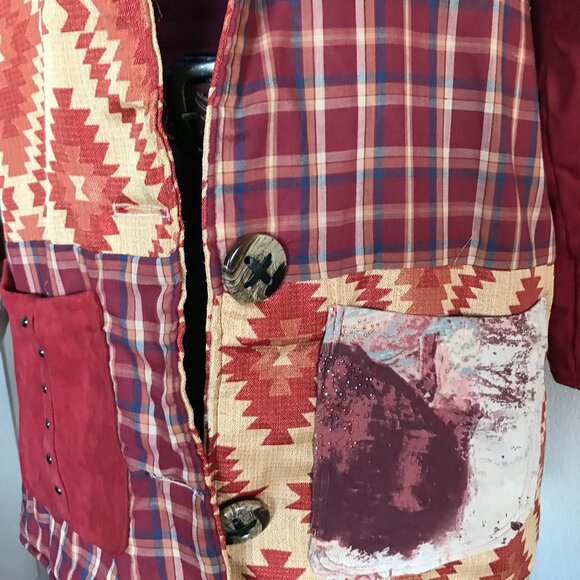 Upcycled Tapestry Coat M - L: Handmade Lined Southwestern Aztec Patchwork Jacket - Picture 9 of 16